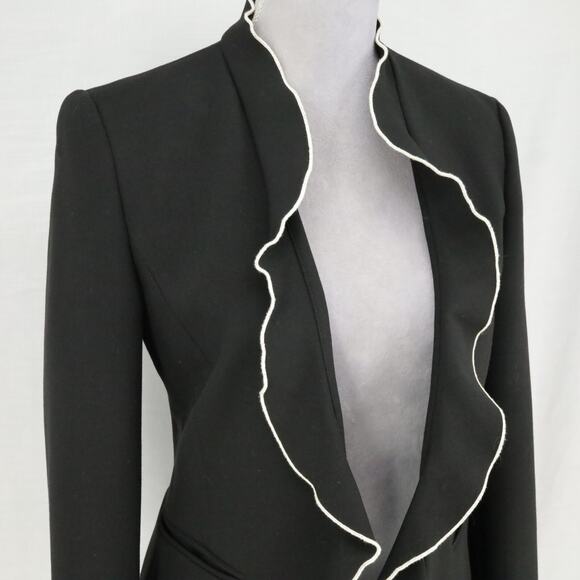 Zara Basic Jacket Womens Small Black White Trim Ruffle Front Lined Open Pockets - Picture 6 of 16